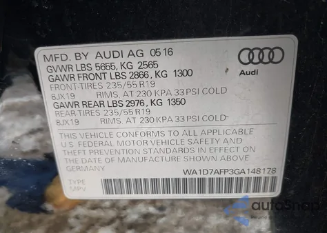 2016 Audi Q5 3.0T Premium Plus from USA, damaged, VIN WA1D7AFP3GA148178